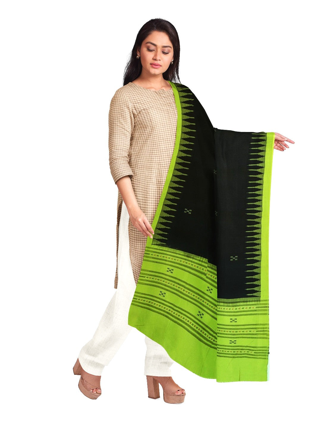 Black and Green Phodo Kumbha Cotton Sambalpuri Dupatta