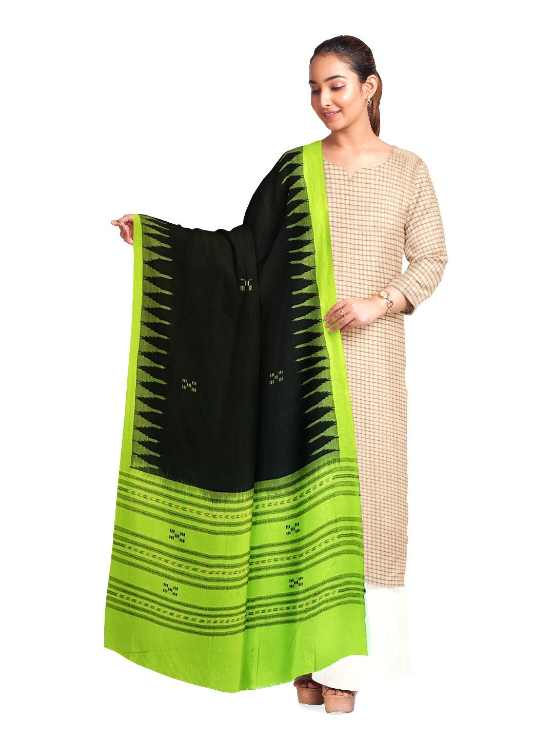 Black and Green Phodo Kumbha Cotton Sambalpuri Dupatta