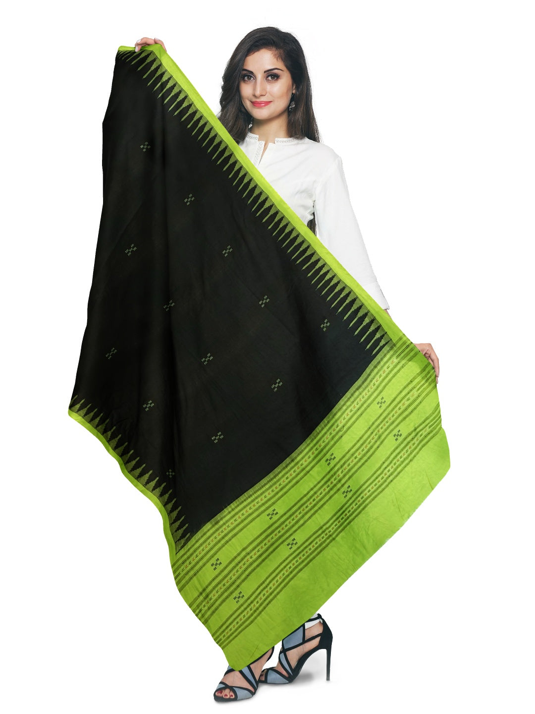 Black and Green Phodo Kumbha Cotton Sambalpuri Dupatta