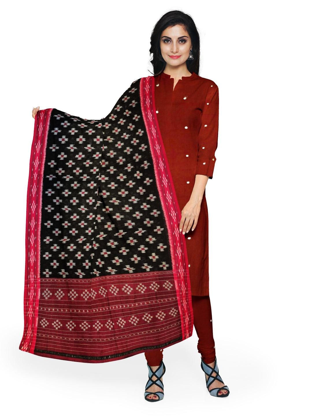 Black and Red Odisha Cotton Ikat Dupatta