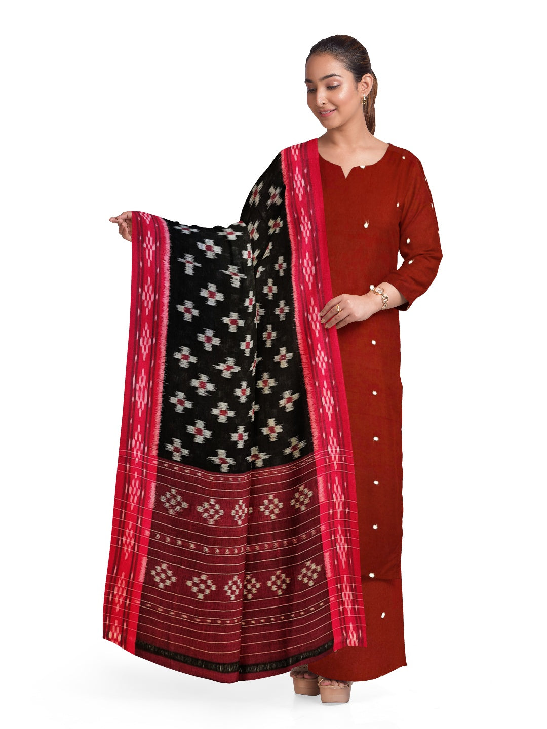 Black and Red Odisha Cotton Ikat Dupatta