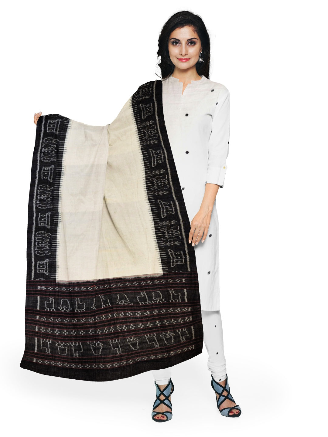 Offwhite with Black Odisha Cotton Ikat Dupatta