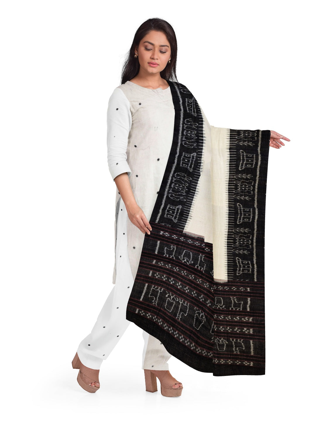 Offwhite with Black Odisha Cotton Ikat Dupatta