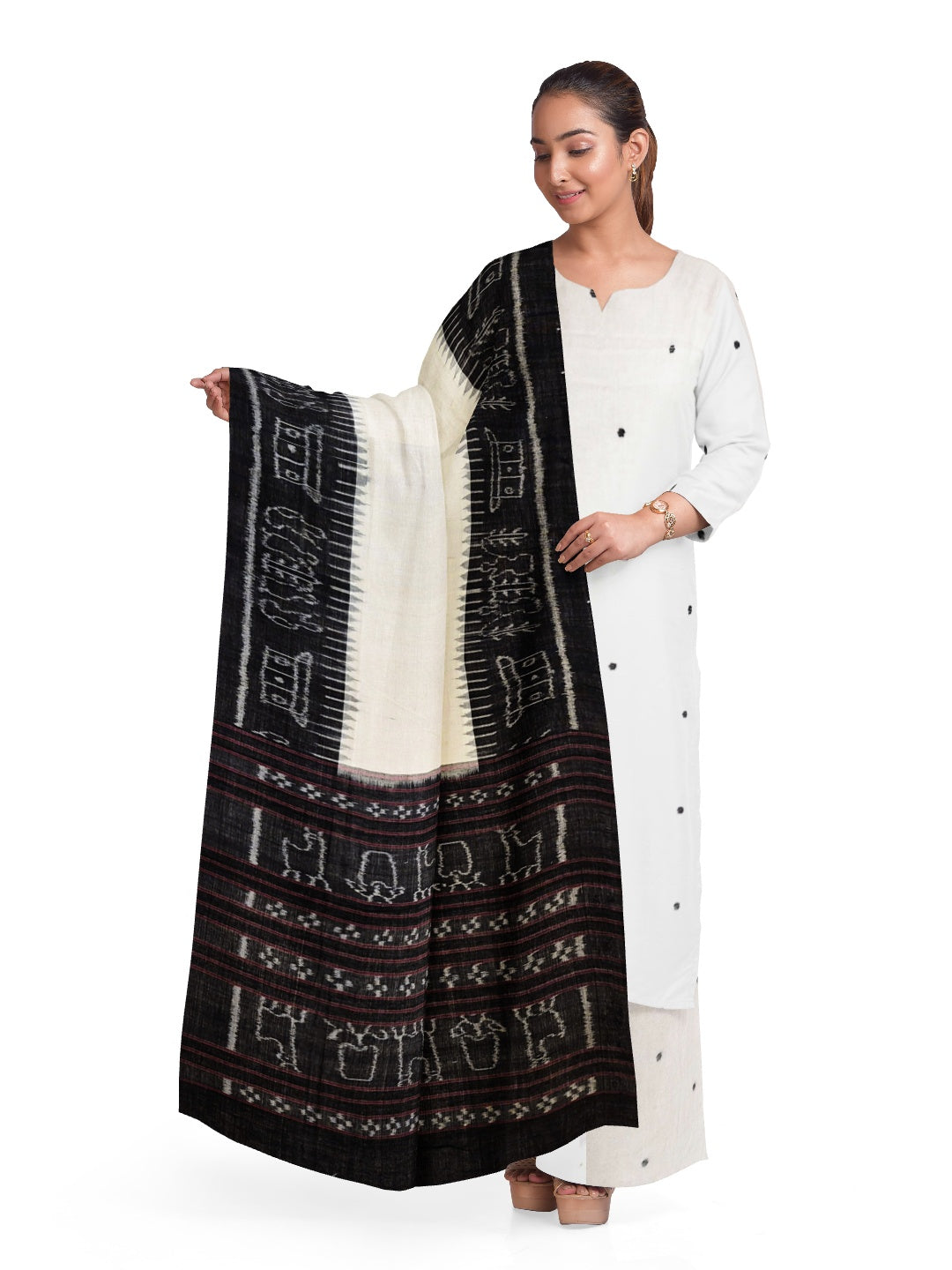 Offwhite with Black Odisha Cotton Ikat Dupatta