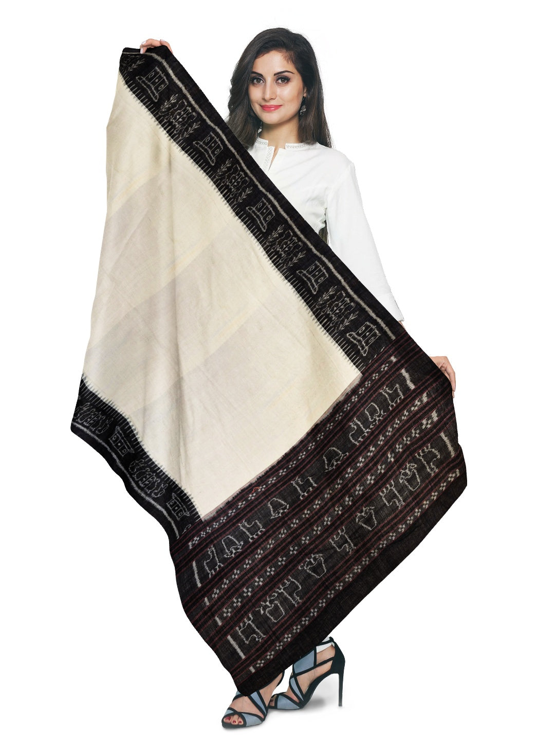 Offwhite with Black Odisha Cotton Ikat Dupatta