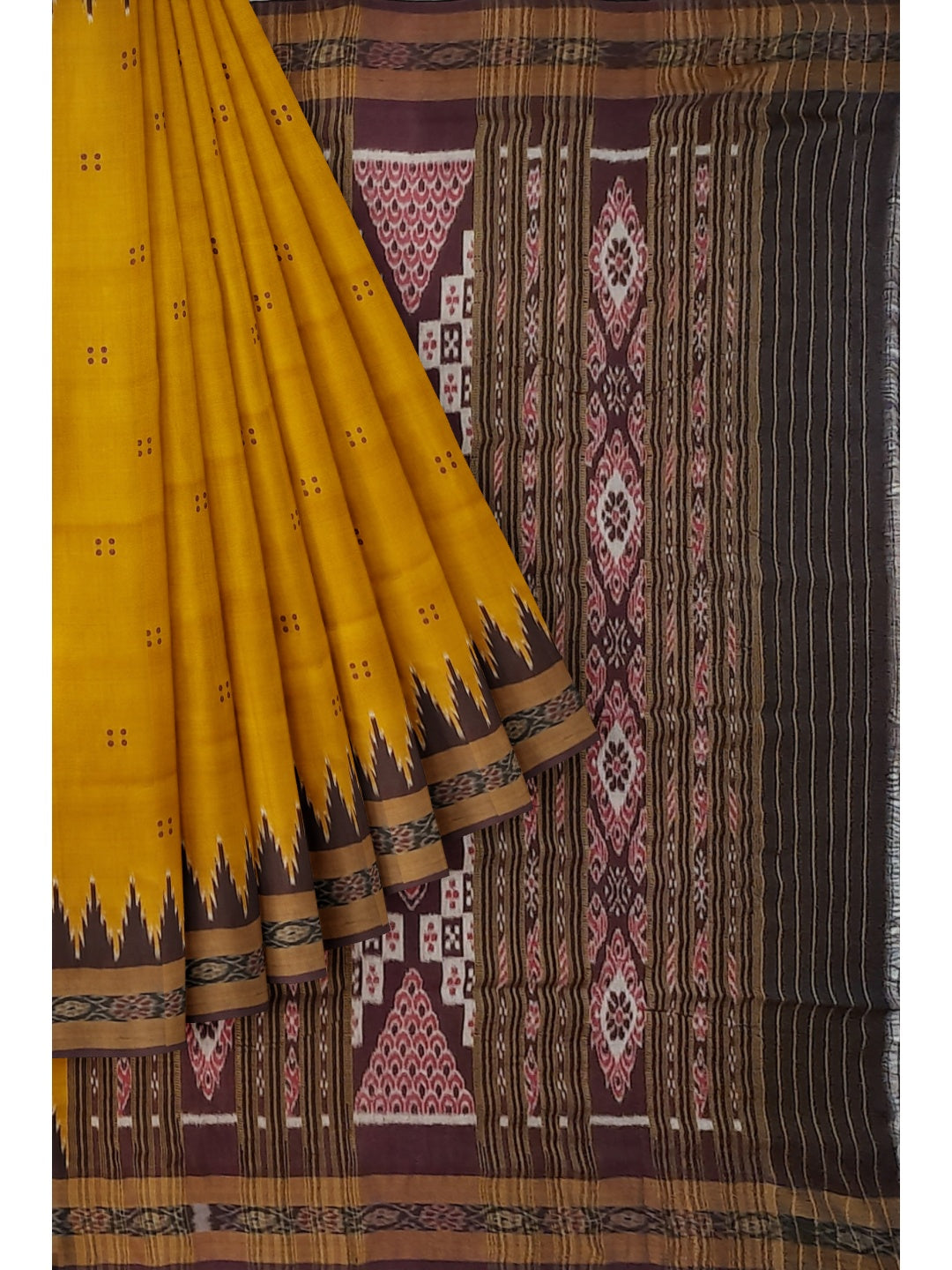 Golden Odisha Khandua Patta Silk Saree paired with cotton ikat blouse piece