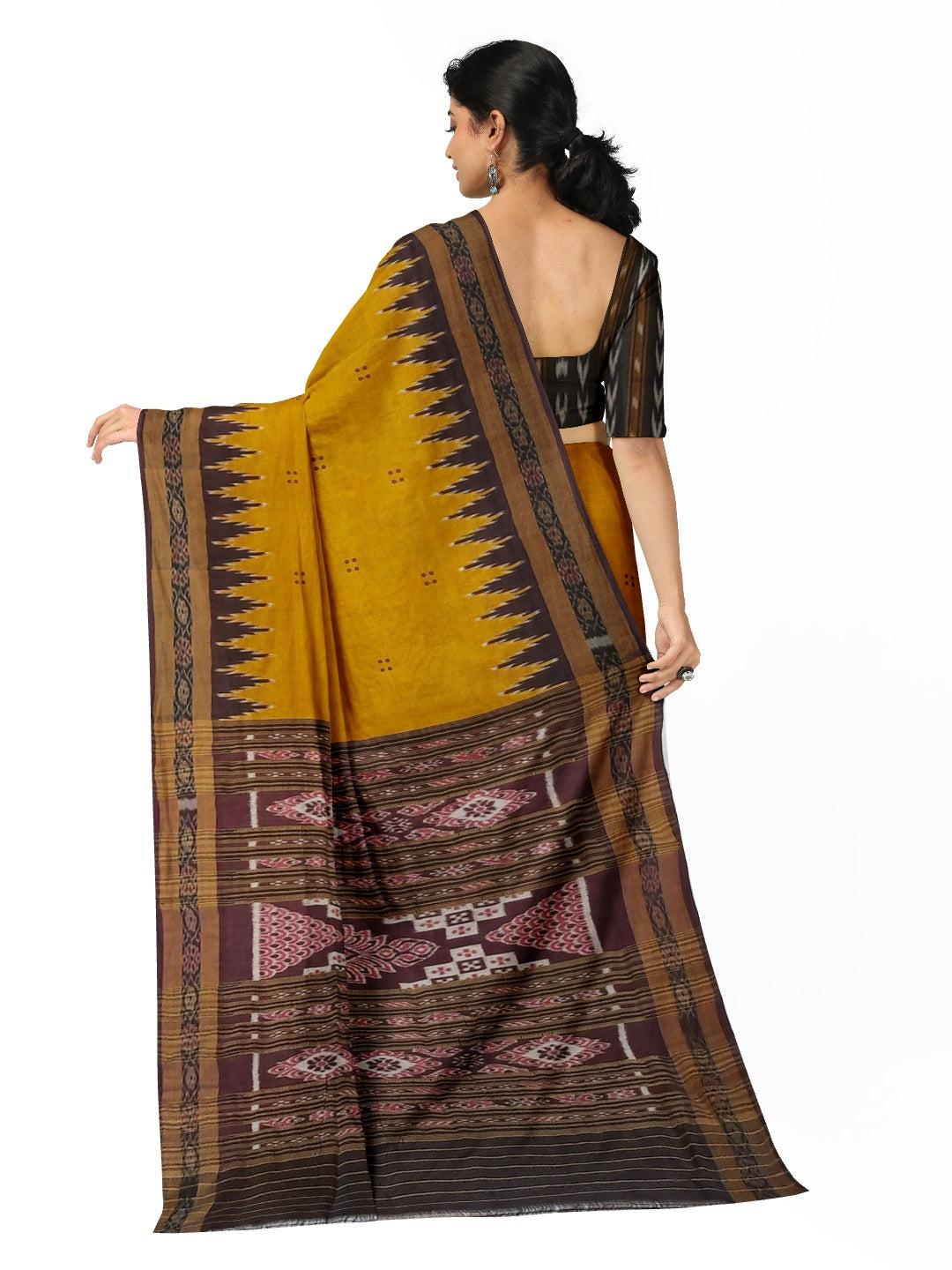 Golden Odisha Khandua Patta Silk Saree paired with cotton ikat blouse piece