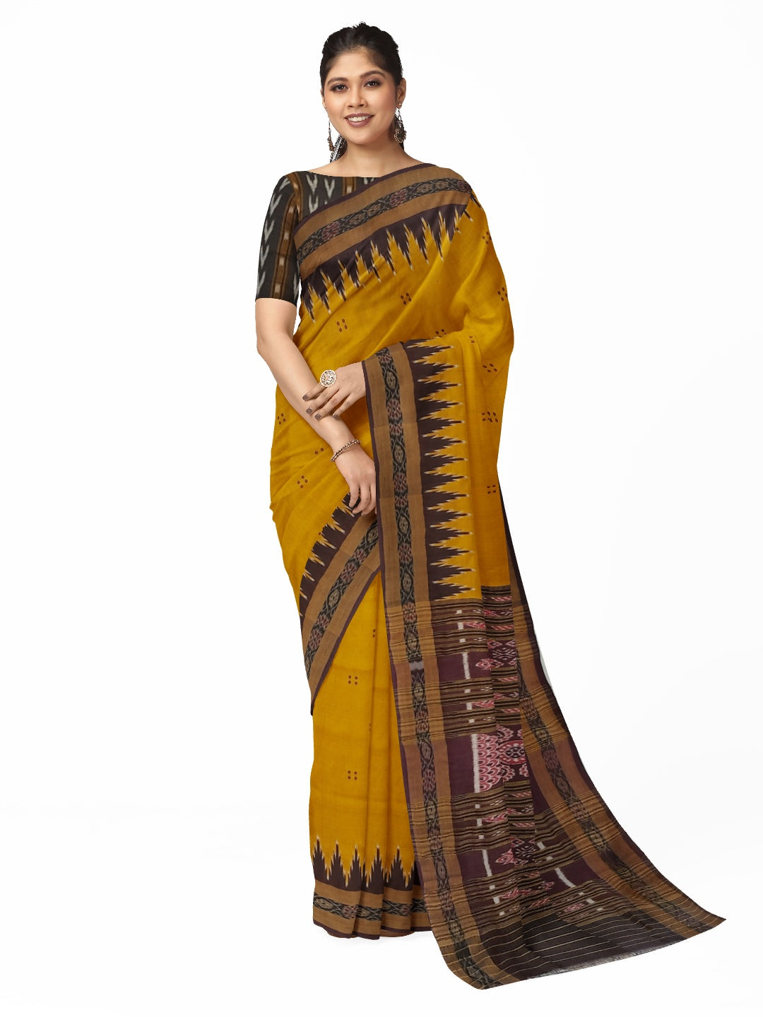 Golden Odisha Khandua Patta Silk Saree paired with cotton ikat blouse piece