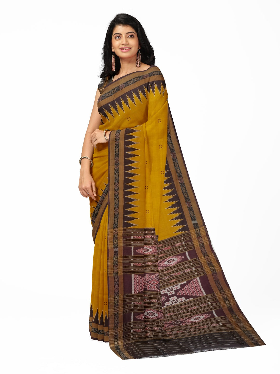 Golden Odisha Khandua Patta Silk Saree paired with cotton ikat blouse piece