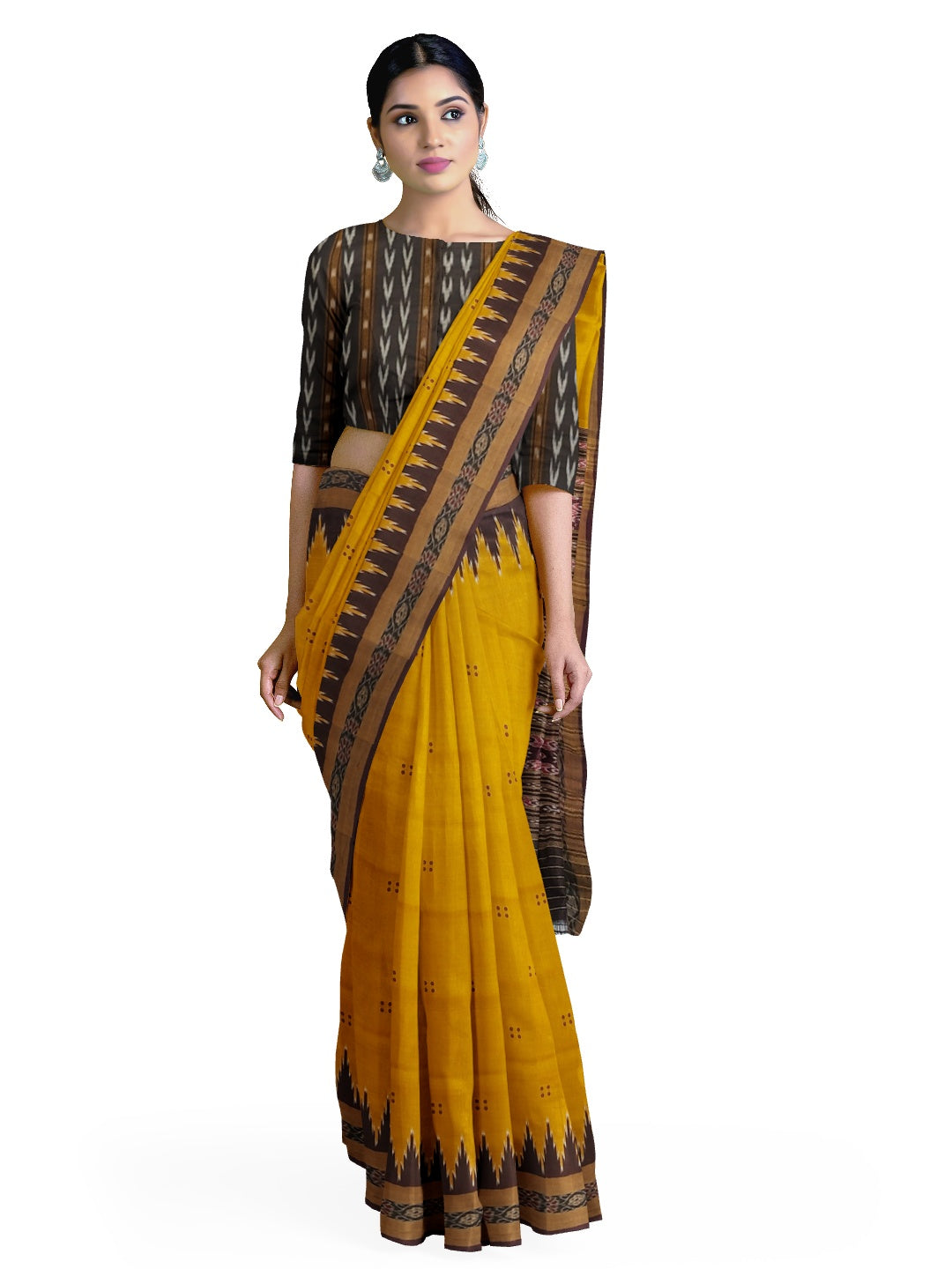 Golden Odisha Khandua Patta Silk Saree paired with cotton ikat blouse piece