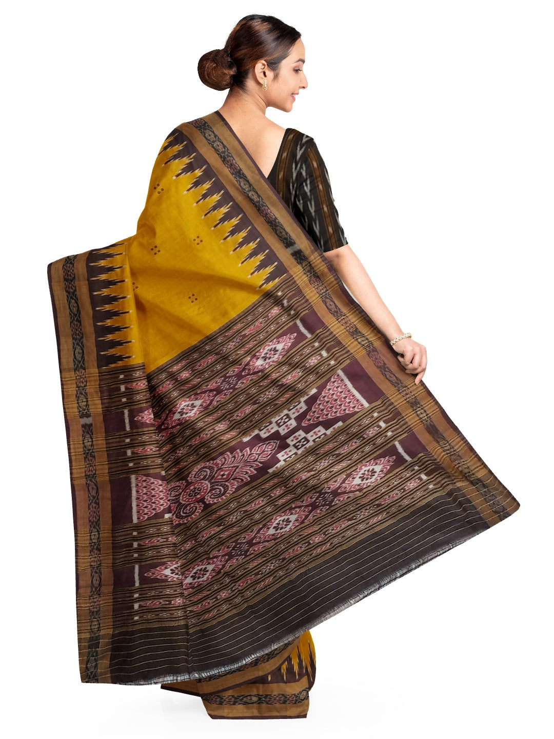 Golden Odisha Khandua Patta Silk Saree paired with cotton ikat blouse piece