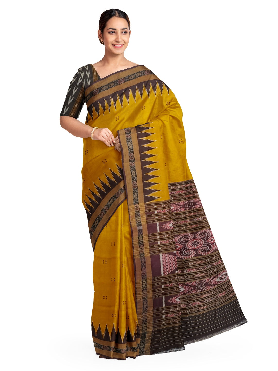 Golden Odisha Khandua Patta Silk Saree paired with cotton ikat blouse piece