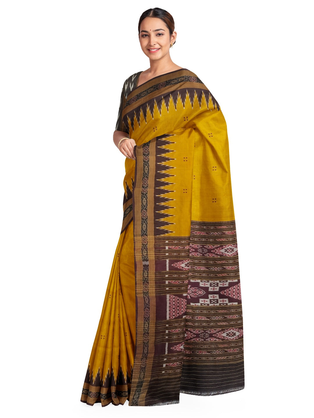 Golden Odisha Khandua Patta Silk Saree paired with cotton ikat blouse piece