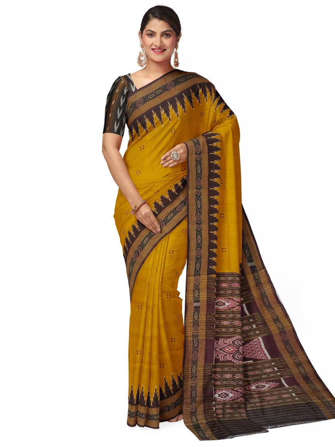 Golden Odisha Khandua Patta Silk Saree paired with cotton ikat blouse piece