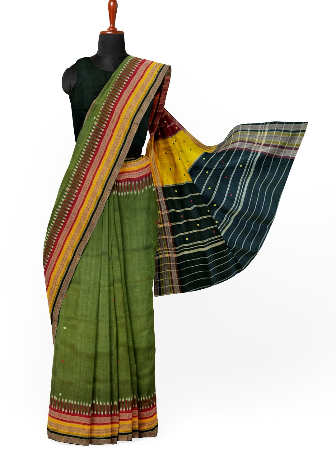 OliveGreen Kathiphera Odisha Khandua Silk Saree with running blouse piece