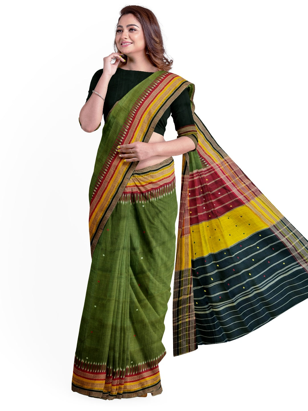 OliveGreen Kathiphera Odisha Khandua Silk Saree with running blouse piece