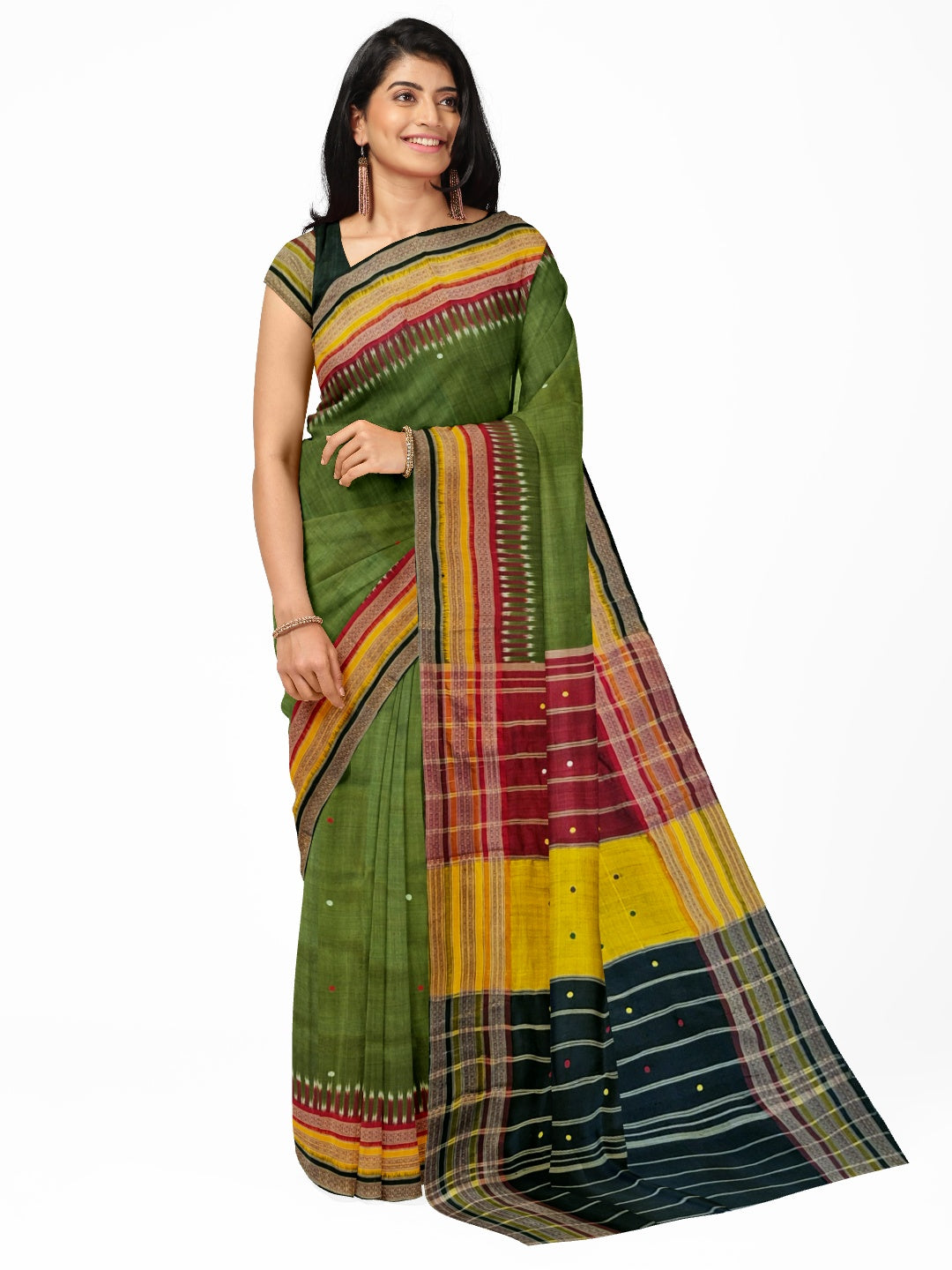 OliveGreen Kathiphera Odisha Khandua Silk Saree with running blouse piece