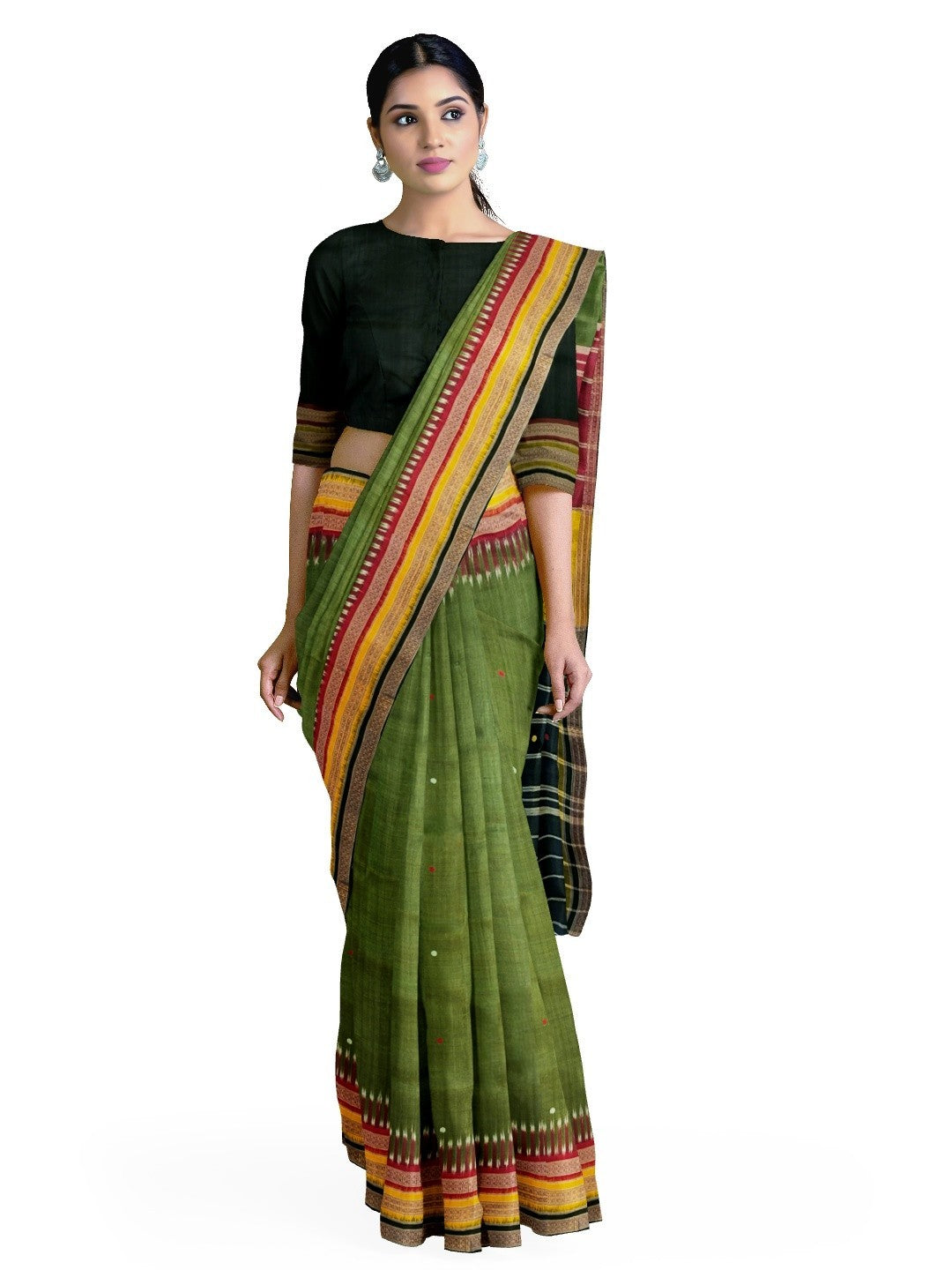 OliveGreen Kathiphera Odisha Khandua Silk Saree with running blouse piece
