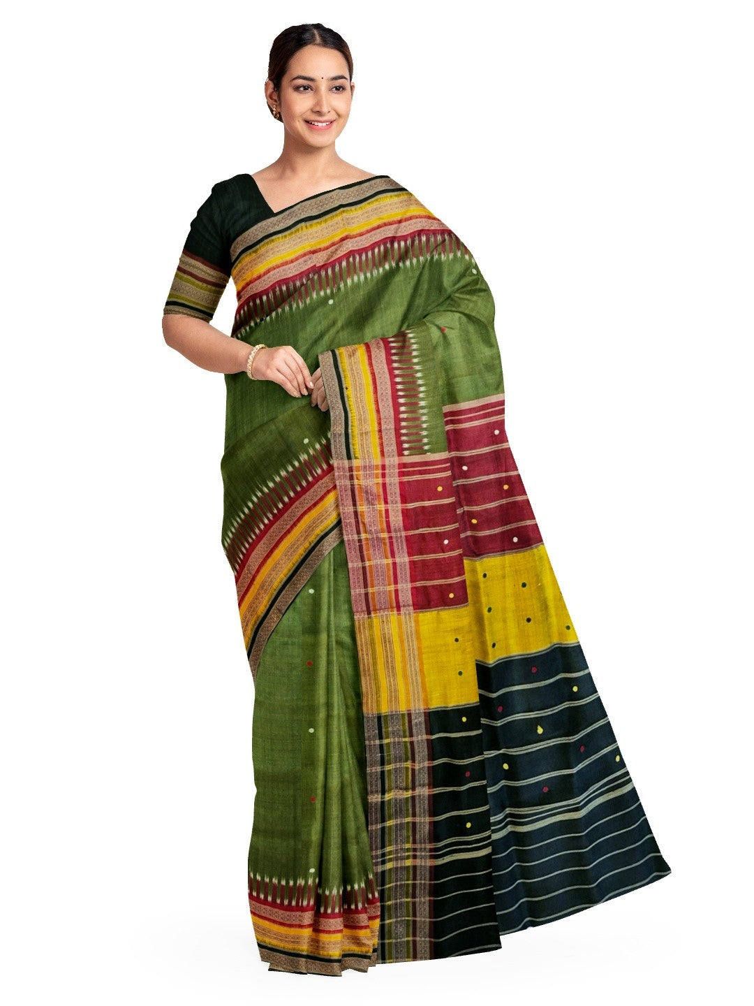 OliveGreen Kathiphera Odisha Khandua Silk Saree with running blouse piece