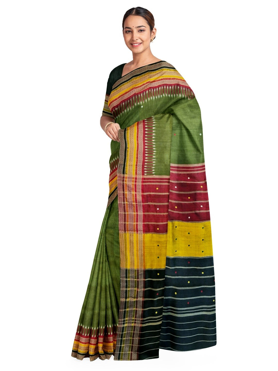 OliveGreen Kathiphera Odisha Khandua Silk Saree with running blouse piece