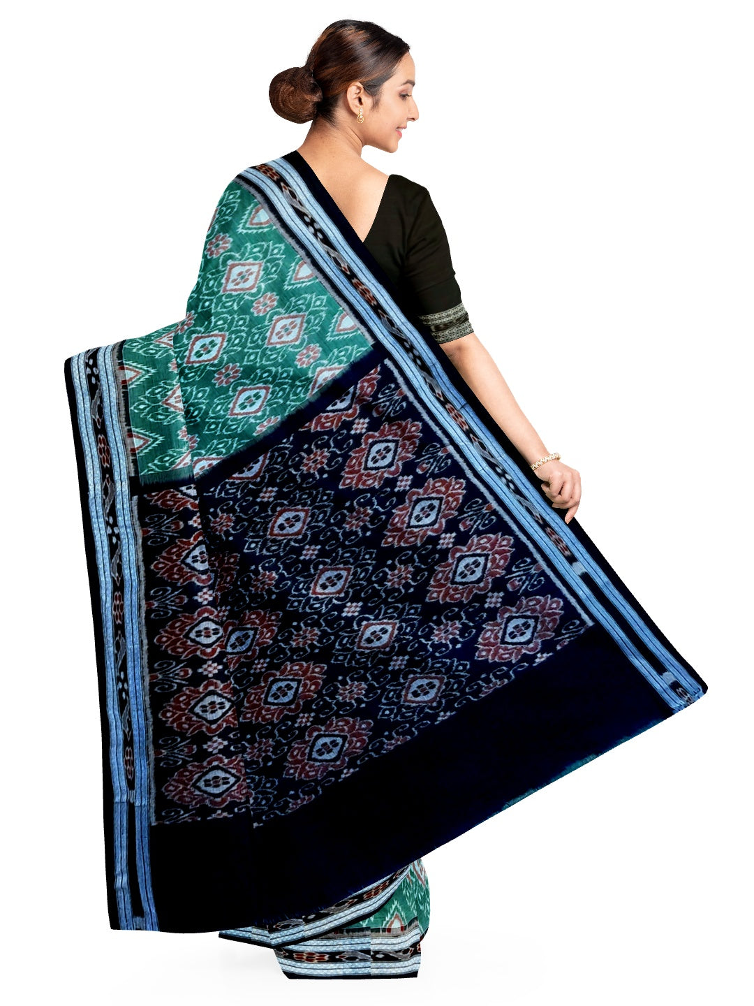 Green with Black Odisha Ikat saree with cotton ikat blouse piece