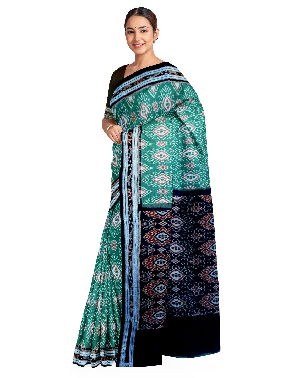Green with Black Odisha Ikat saree with cotton ikat blouse piece