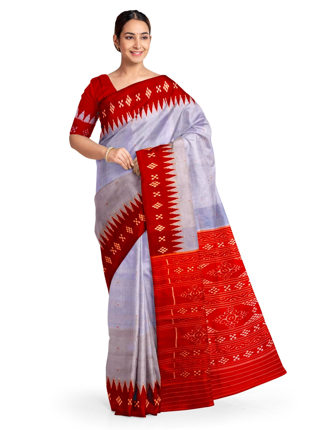 Grey Odisha Ikat Mulberry Silk Saree with running blouse piece