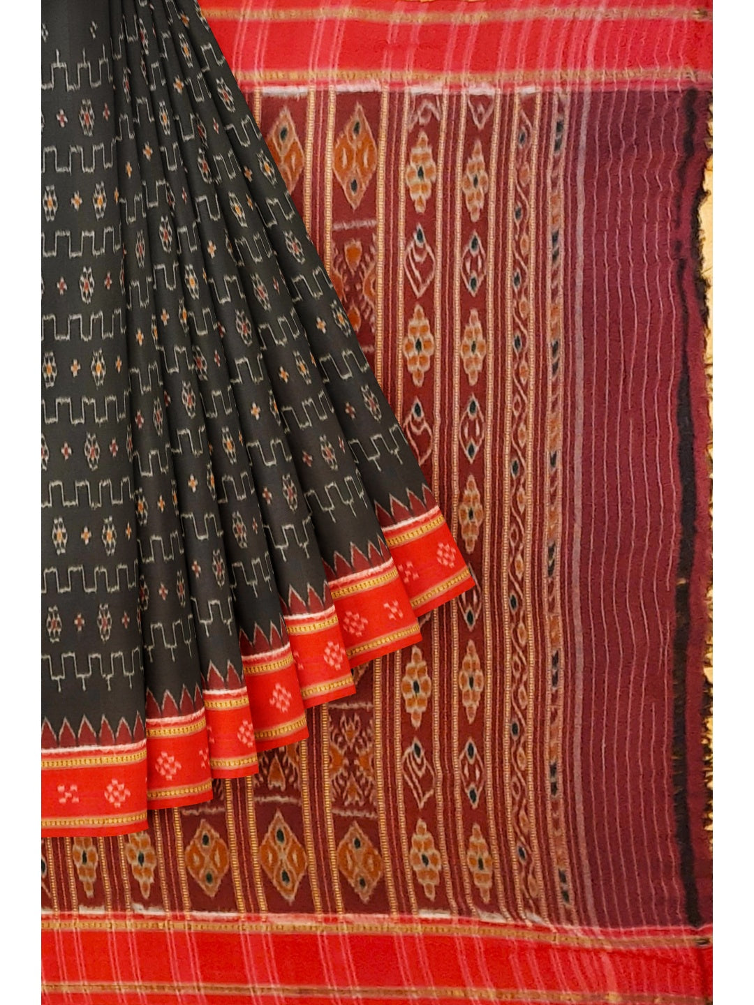 Black Cotton Odisha Ikat saree with cotton Sambalpuri Ikat blouse piece