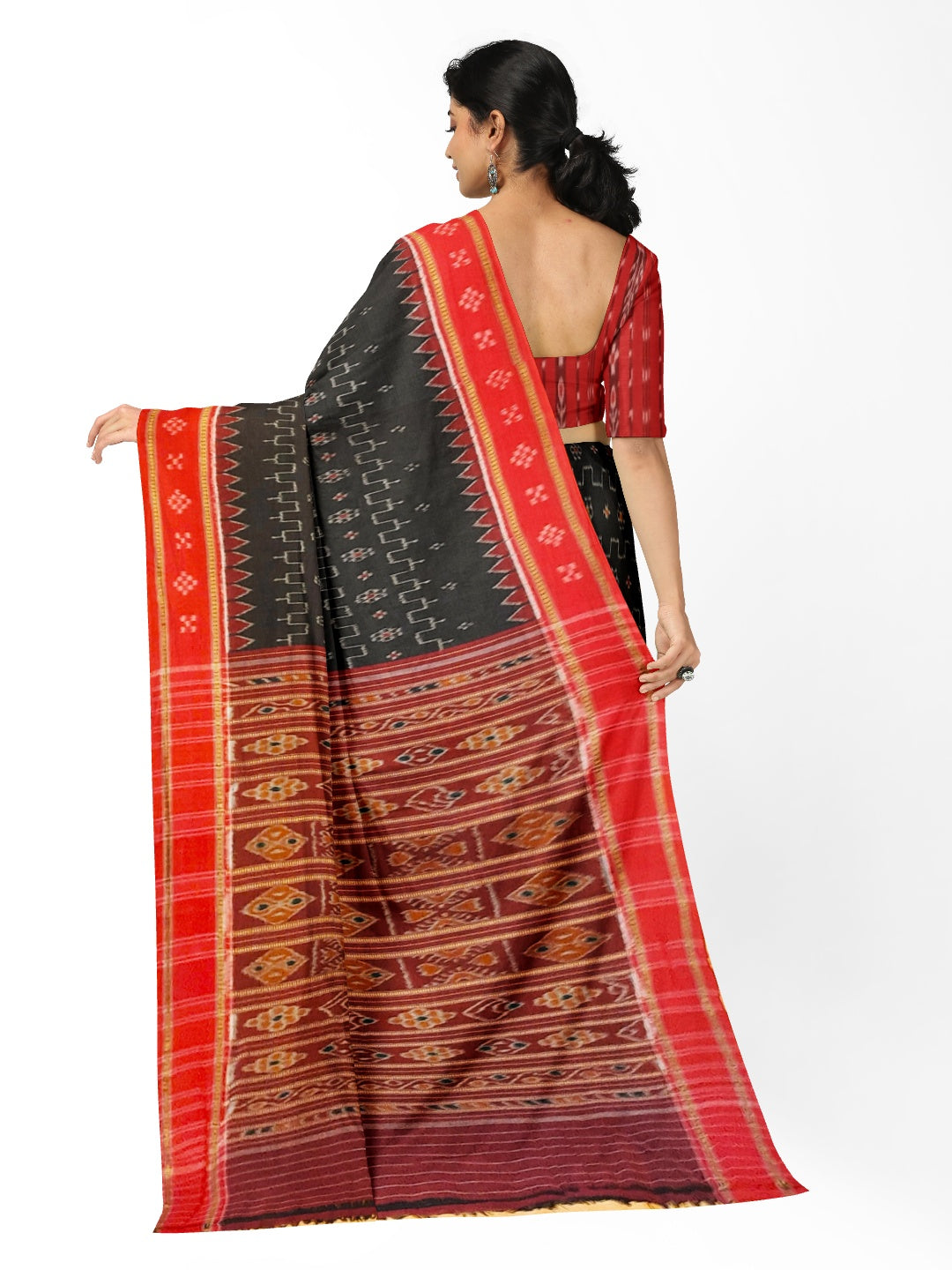 Black Cotton Odisha Ikat saree with cotton Sambalpuri Ikat blouse piece