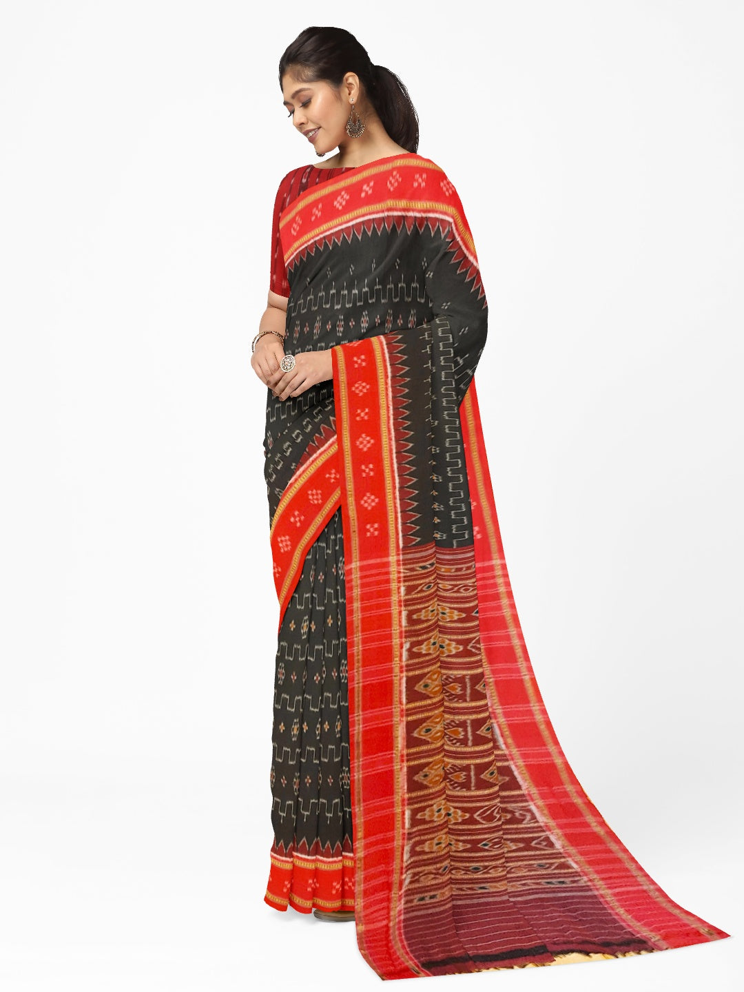 Black Cotton Odisha Ikat saree with cotton Sambalpuri Ikat blouse piece