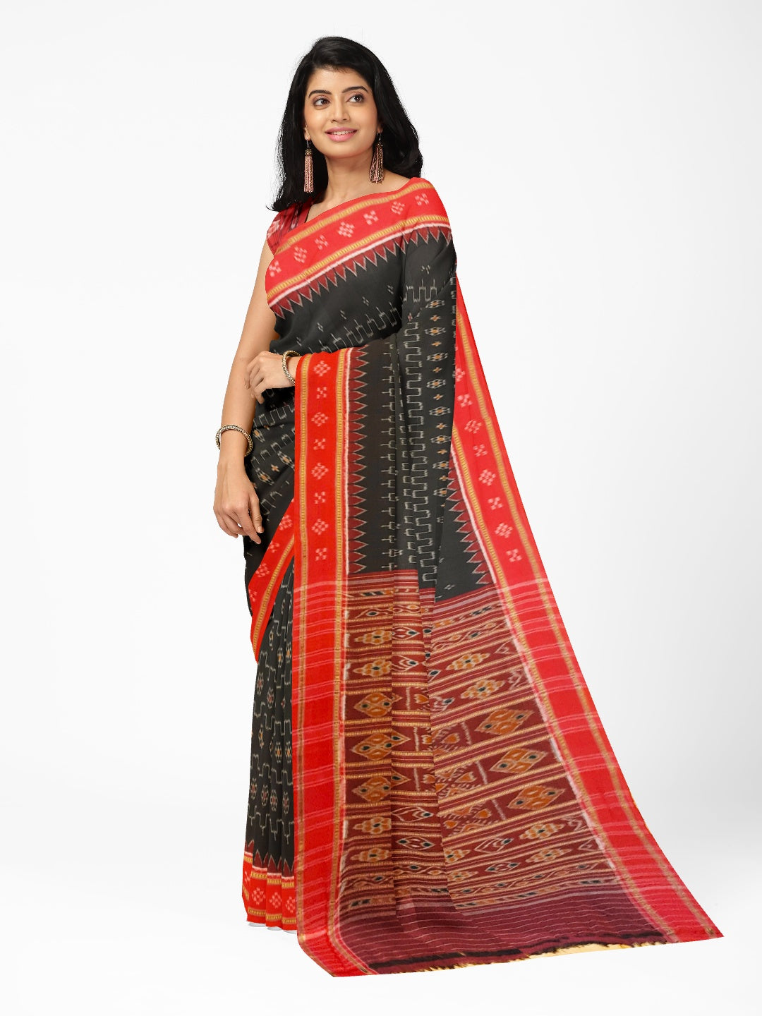 Black Cotton Odisha Ikat saree with cotton Sambalpuri Ikat blouse piece