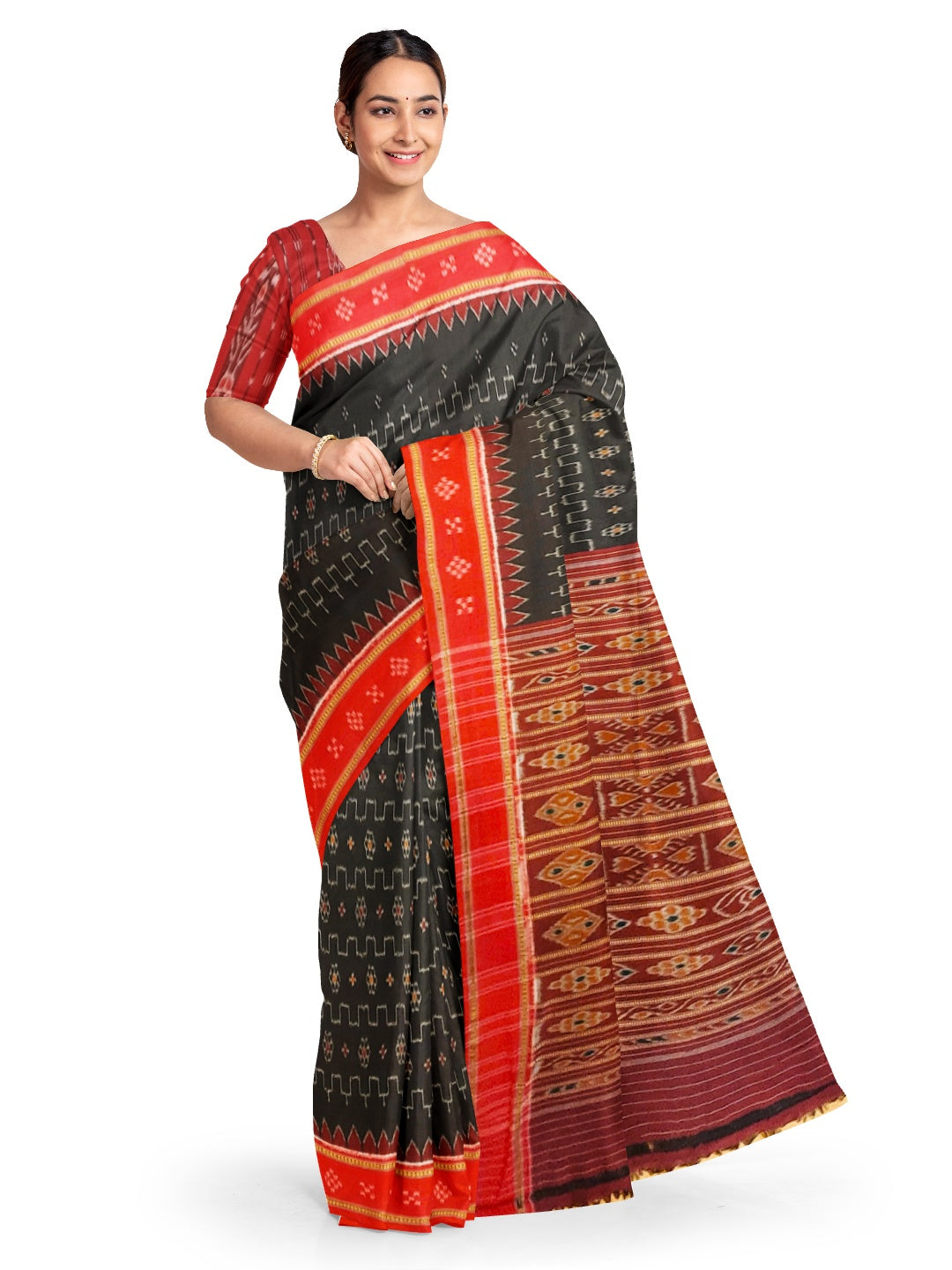 Black Cotton Odisha Ikat saree with cotton Sambalpuri Ikat blouse piece