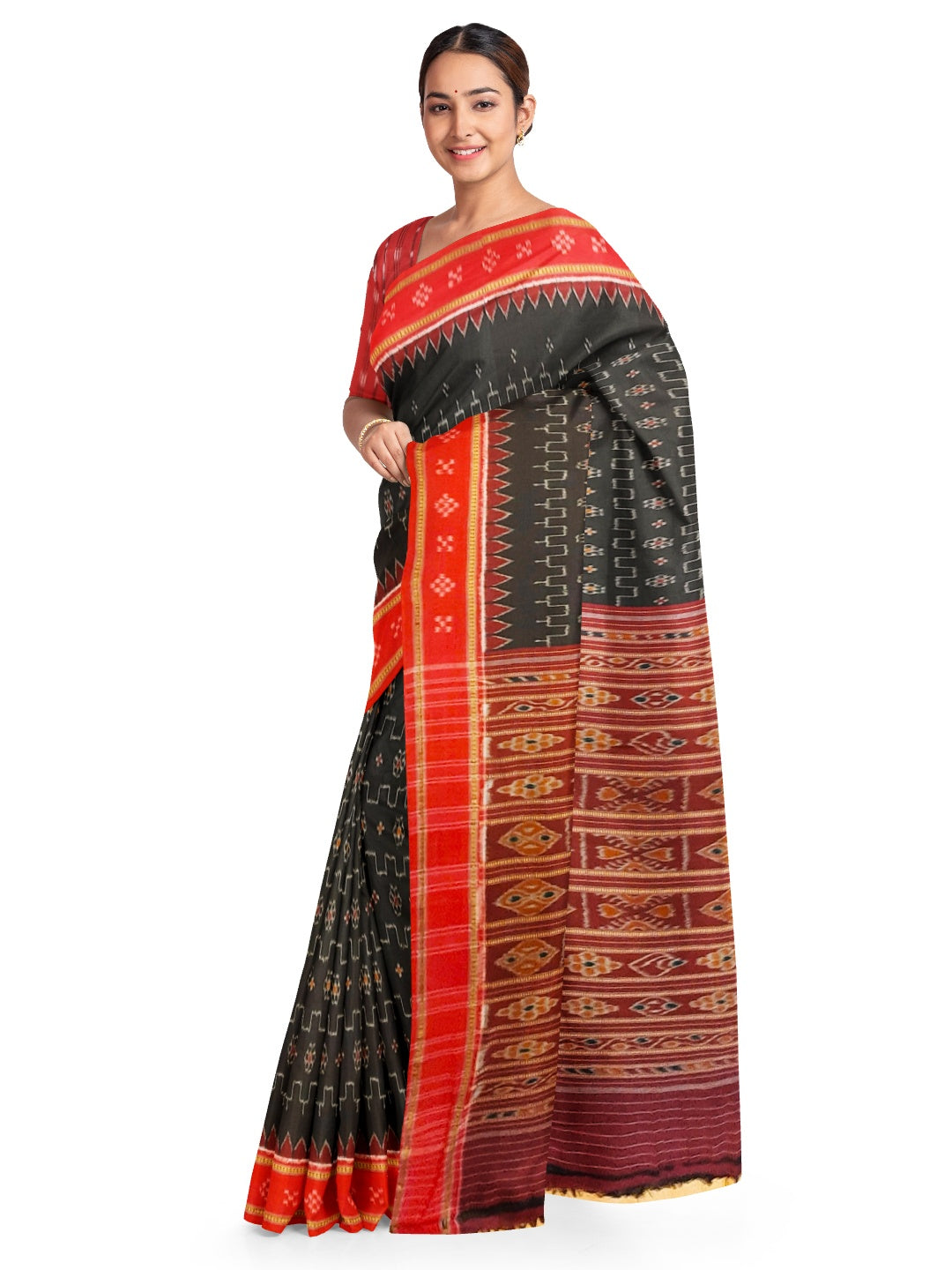 Black Cotton Odisha Ikat saree with cotton Sambalpuri Ikat blouse piece