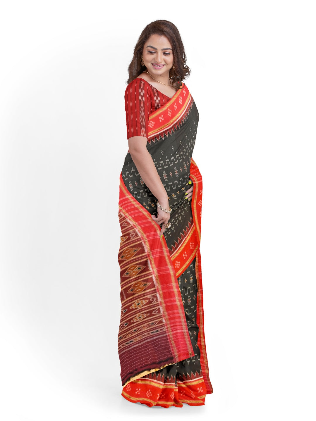 Black Cotton Odisha Ikat saree with cotton Sambalpuri Ikat blouse piece