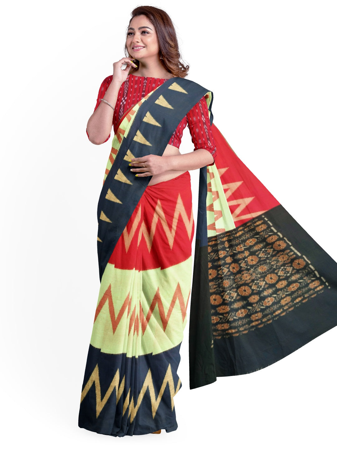 Multicolour Odisha Ikat Cotton Saree with mix match Sambalpuri Ikat cotton blouse piece