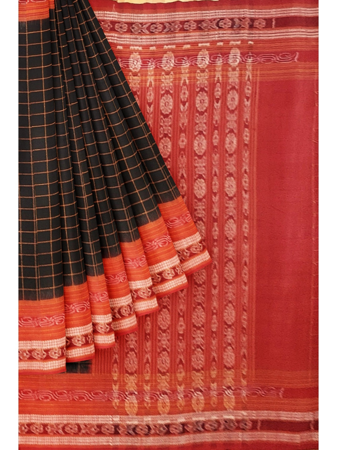 Black Sambalpuri Ikat Sachipar Cotton Saree with matching Sambalpuri ikat cotton blouse piece