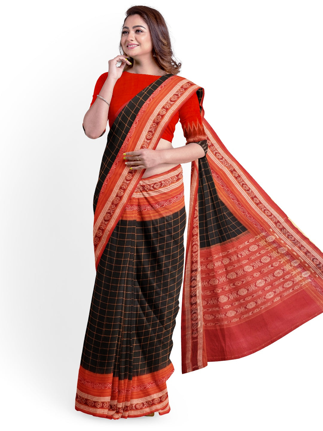 Black Sambalpuri Ikat Sachipar Cotton Saree with matching Sambalpuri ikat cotton blouse piece