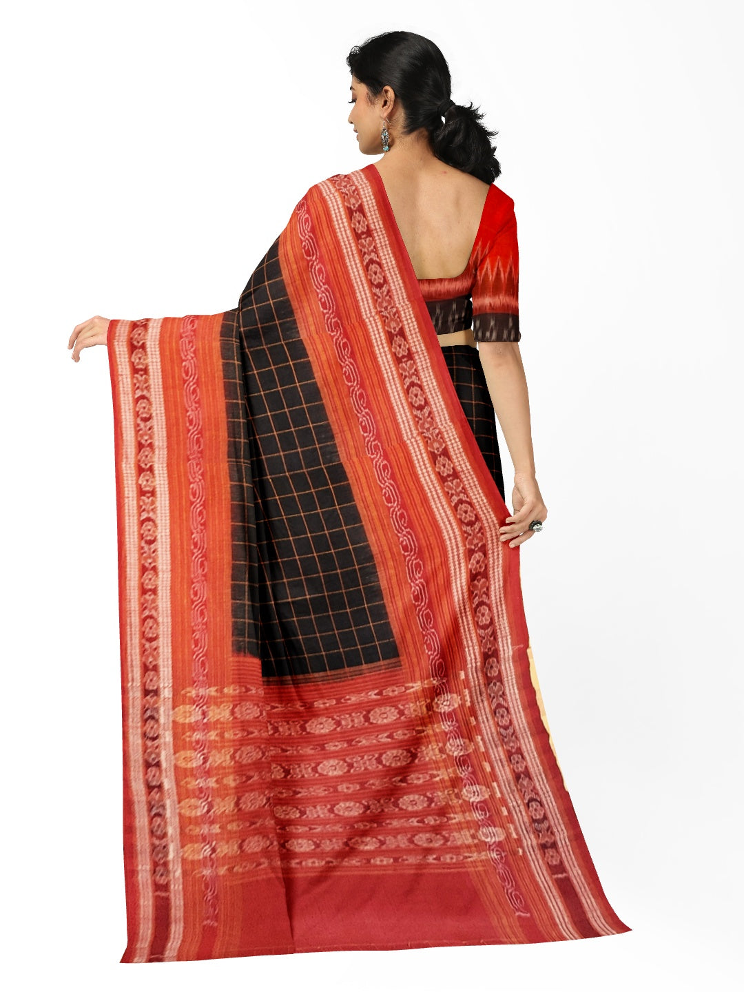 Black Sambalpuri Ikat Sachipar Cotton Saree with matching Sambalpuri ikat cotton blouse piece