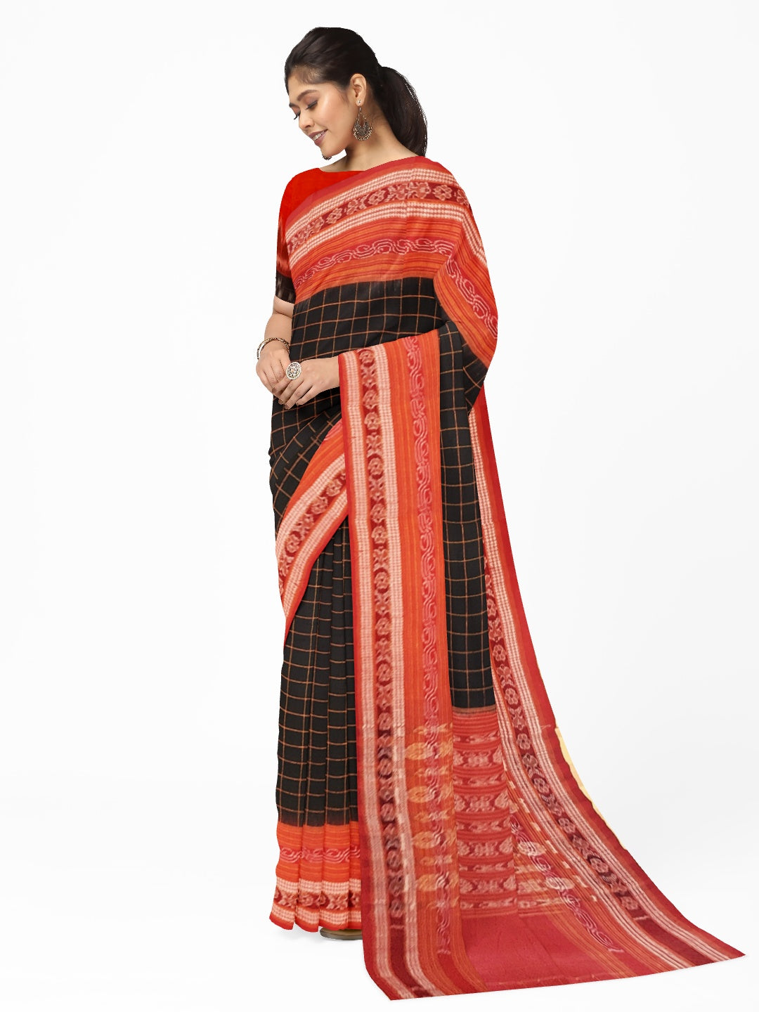 Black Sambalpuri Ikat Sachipar Cotton Saree with matching Sambalpuri ikat cotton blouse piece
