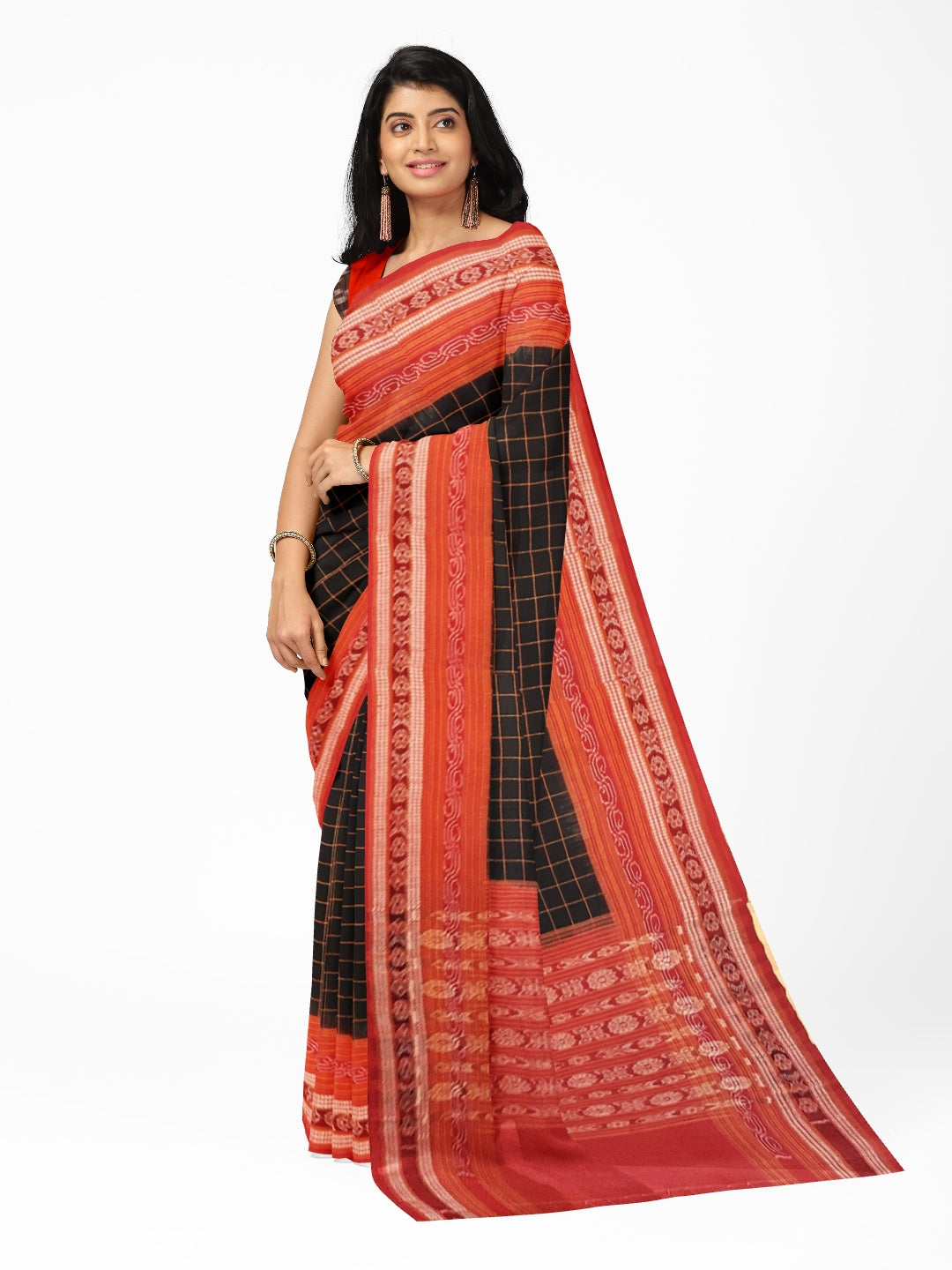 Black Sambalpuri Ikat Sachipar Cotton Saree with matching Sambalpuri ikat cotton blouse piece