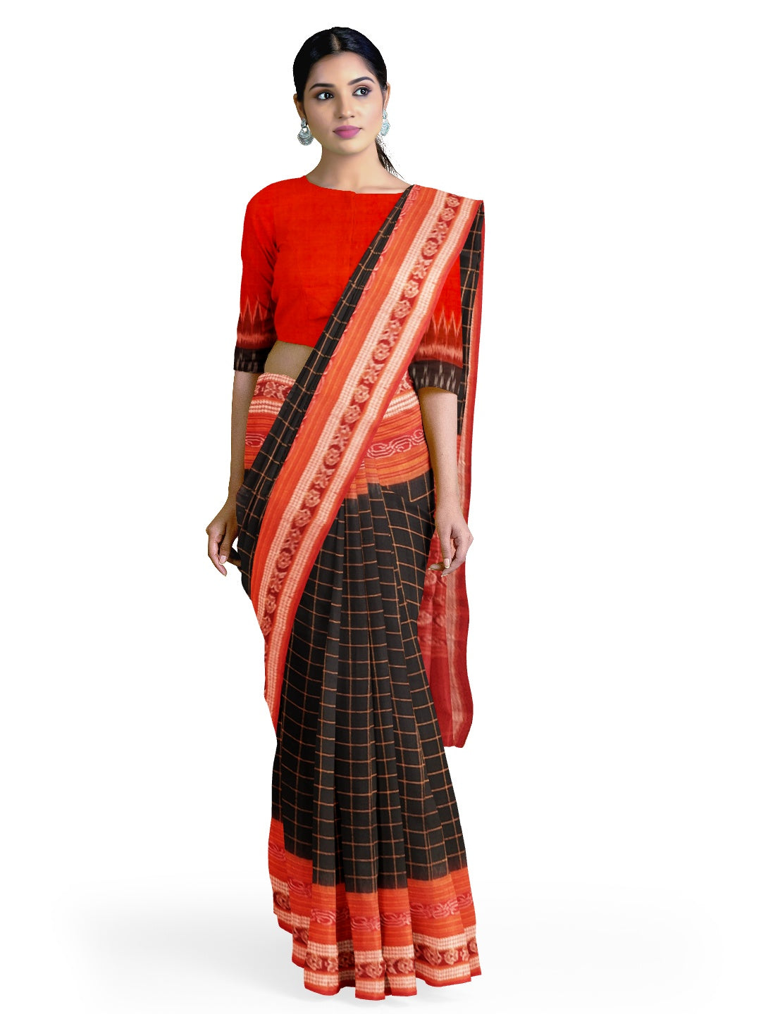 Black Sambalpuri Ikat Sachipar Cotton Saree with matching Sambalpuri ikat cotton blouse piece