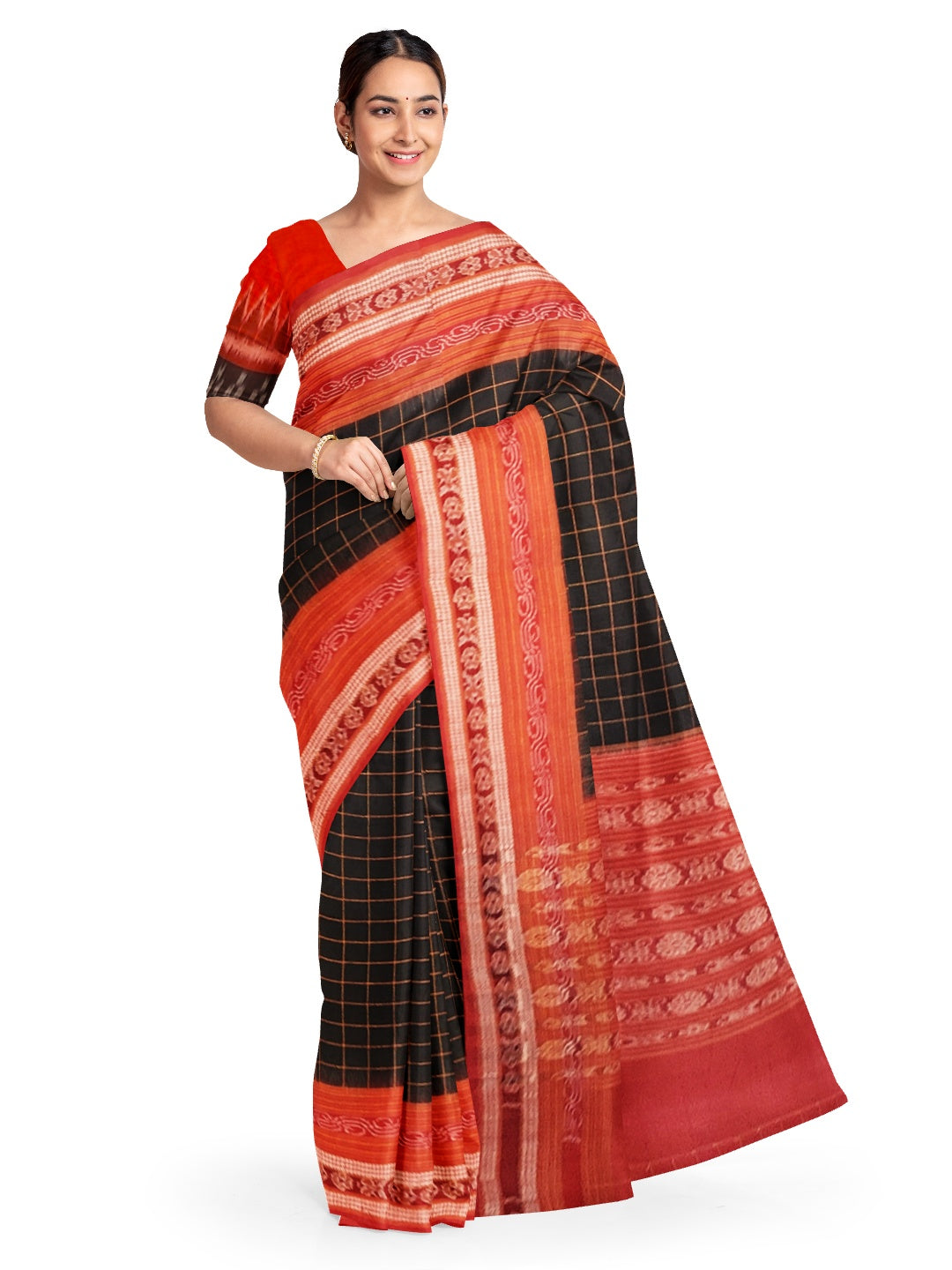 Black Sambalpuri Ikat Sachipar Cotton Saree with matching Sambalpuri ikat cotton blouse piece