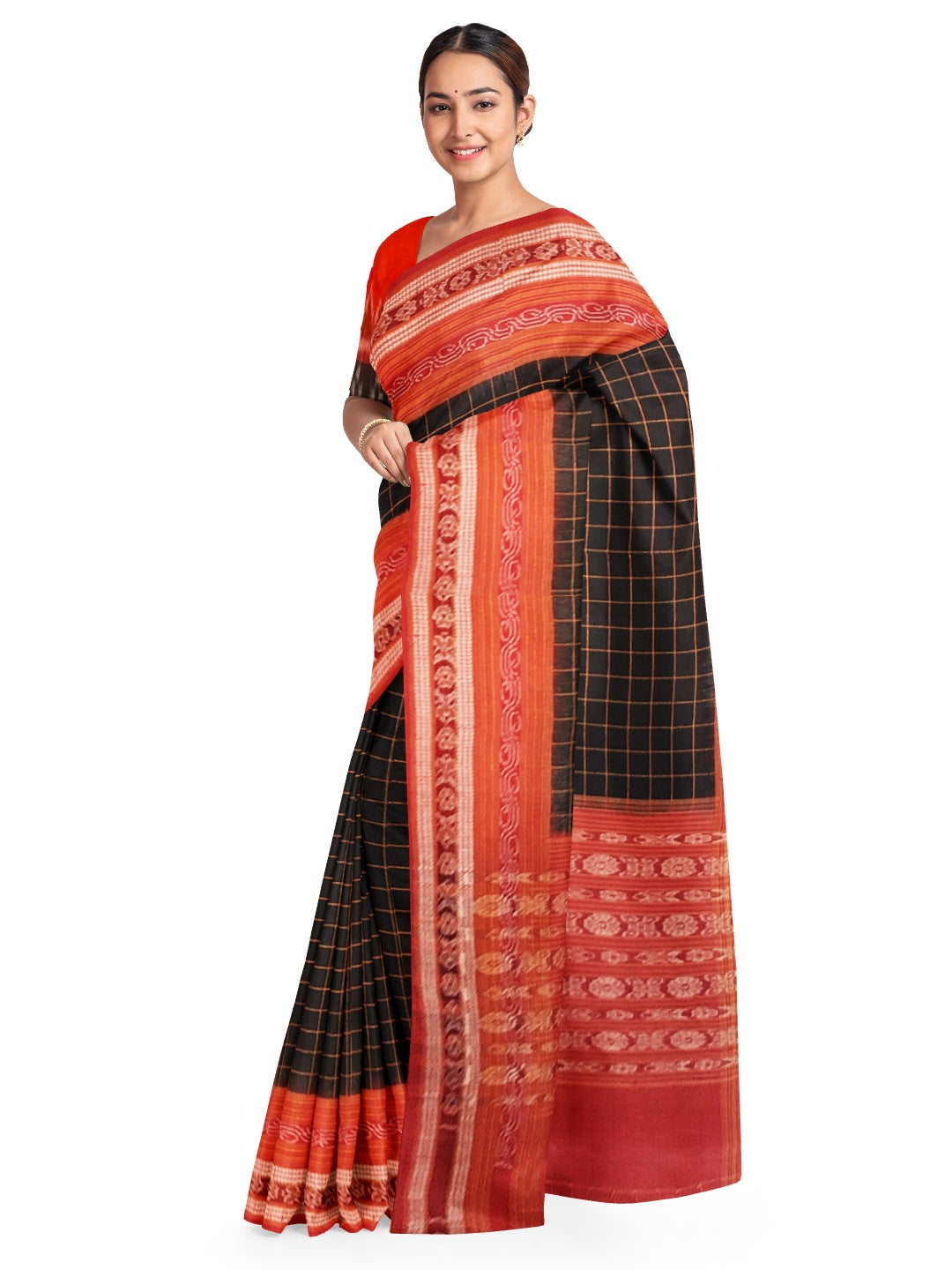 Black Sambalpuri Ikat Sachipar Cotton Saree with matching Sambalpuri ikat cotton blouse piece