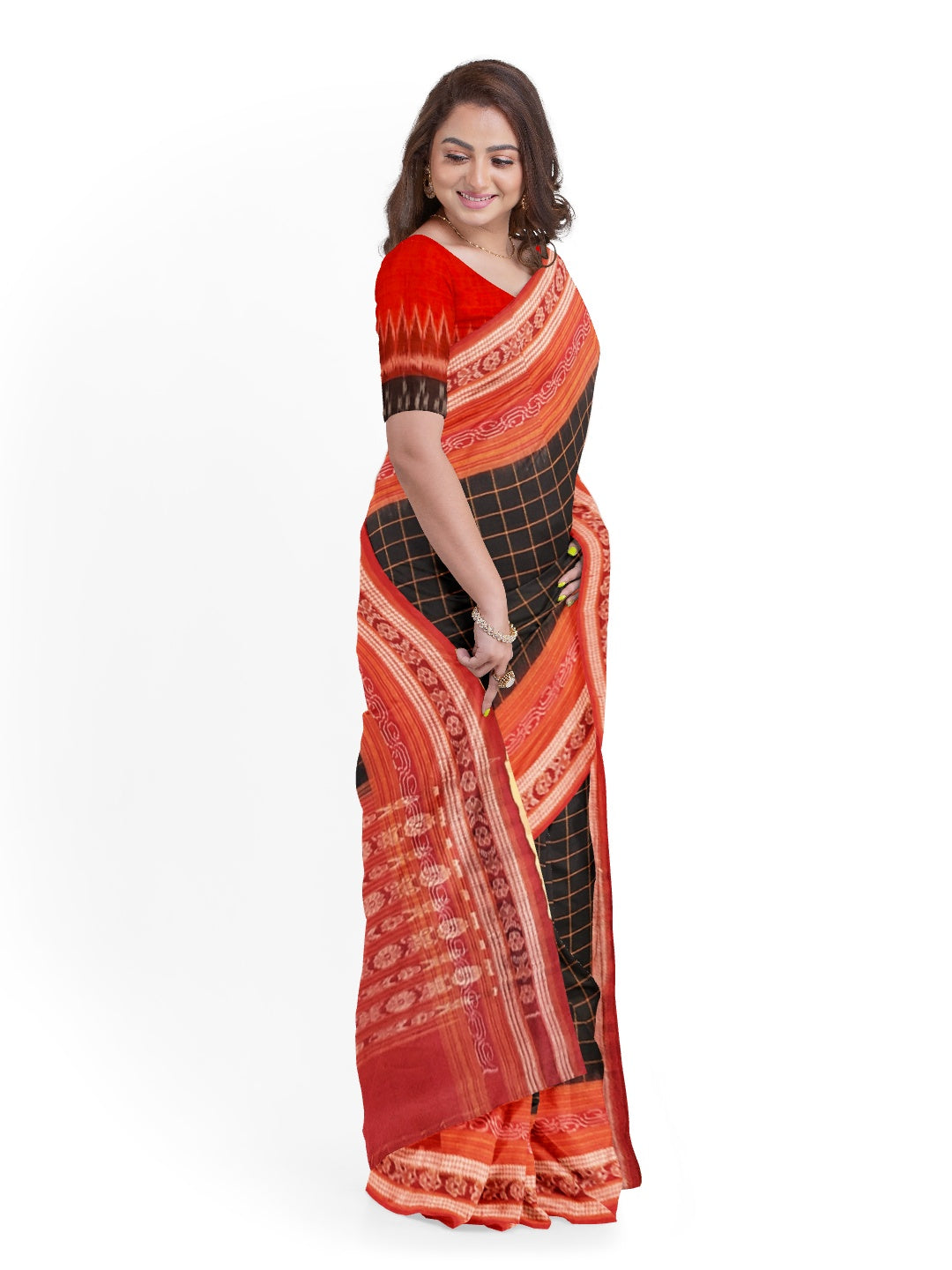 Black Sambalpuri Ikat Sachipar Cotton Saree with matching Sambalpuri ikat cotton blouse piece