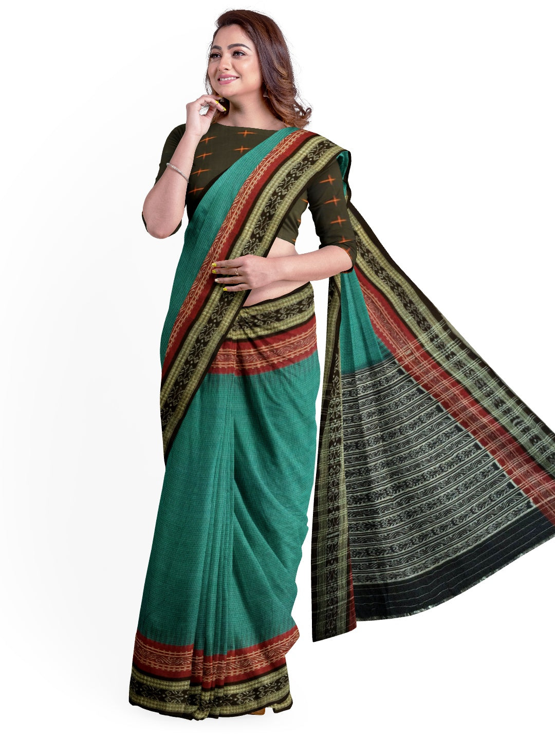 Green double order Sachipar Nuapatna Cotton Ikat saree with sambalpuri ikat blouse piece