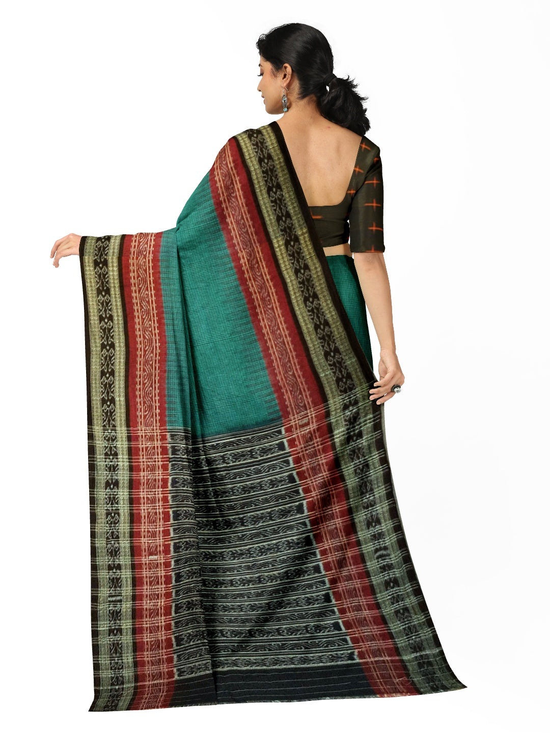Green double order Sachipar Nuapatna Cotton Ikat saree with sambalpuri ikat blouse piece