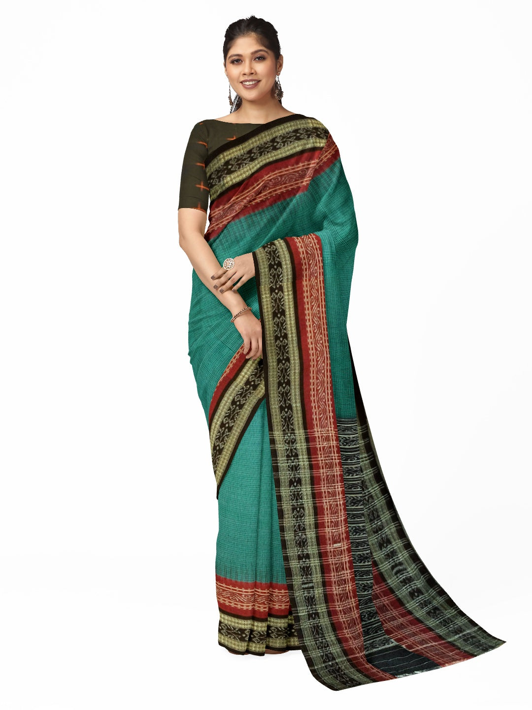 Green double order Sachipar Nuapatna Cotton Ikat saree with sambalpuri ikat blouse piece