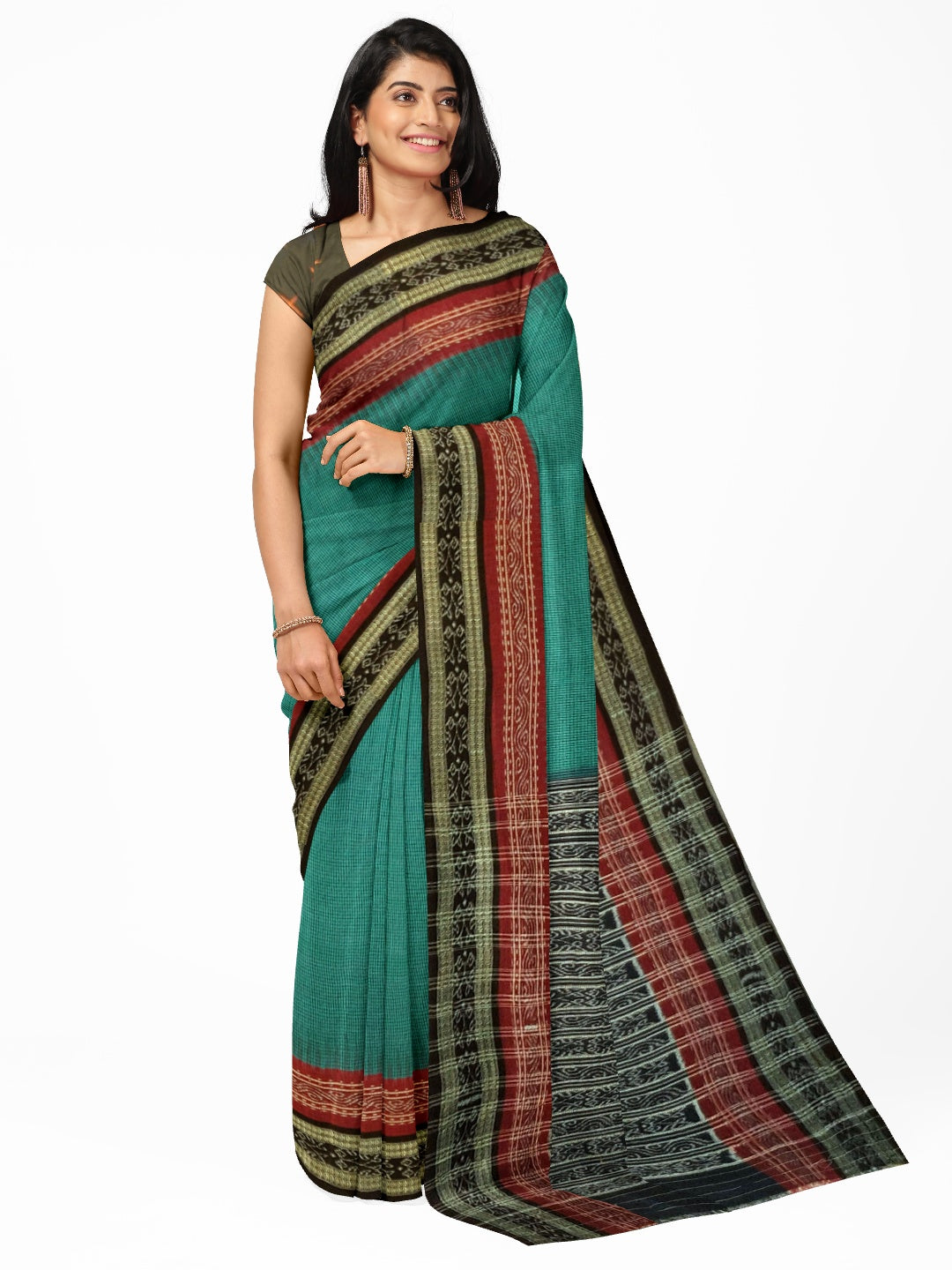 Green double order Sachipar Nuapatna Cotton Ikat saree with sambalpuri ikat blouse piece