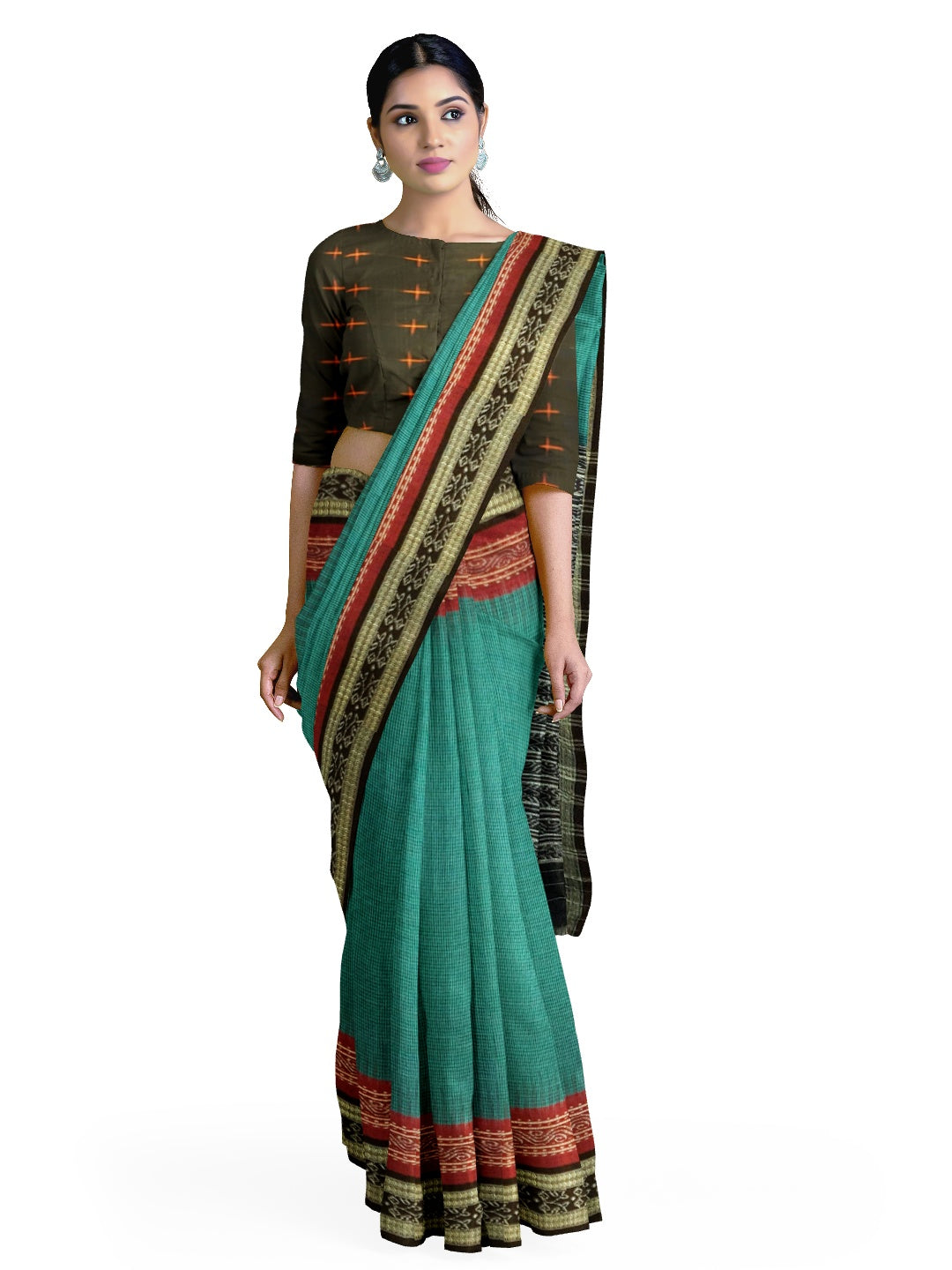 Green double order Sachipar Nuapatna Cotton Ikat saree with sambalpuri ikat blouse piece