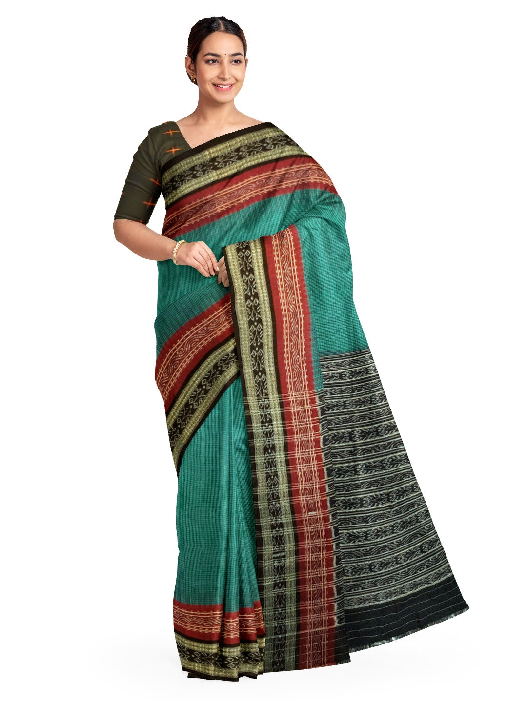 Green double order Sachipar Nuapatna Cotton Ikat saree with sambalpuri ikat blouse piece